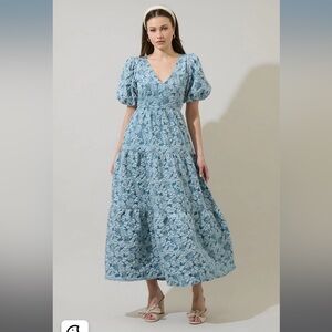 Sugarlips Light Blue Floral Puff Sleeve Midi Dress
